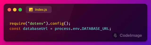 Código de ejemplo que muestra cómo acceder a la URL de una base de datos utilizando variables de entorno en un proyecto Node.js.